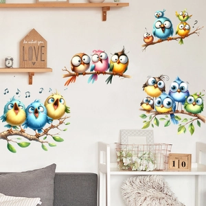 Colorful cartoon bird wall stickers with branch motifs and musical notes for home decor