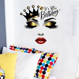 Birthday Queen wall sticker with crown eyes and red lips for bedroom decoration