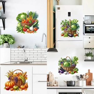 Realistic Fruit Vegetable Basket Wall Sticker Waterproof PVC Refrigerator Decal For Kitchen Dining Room Home Decor Harvest