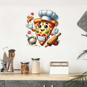 Cartoon pizza chef wall sticker with rolling pin and kitchen motifs for home decor