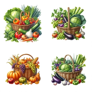 Waterproof wall stickers featuring four colorful baskets filled with fresh vegetables and fruits