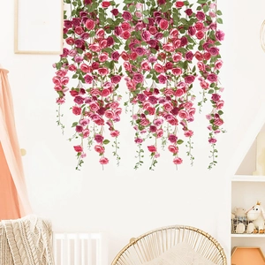 Hanging pink rose flower vines wall sticker decoration for bedroom and living room background