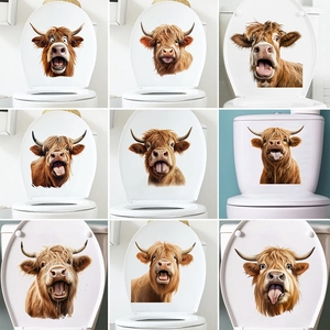 Autocollant de Toilette Vache des Highlands Drôle 3D Animal Amovible Imperméable PVC Sticker Mural pour Salle de Bain Décor Maison