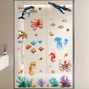 Marine life static stickers with whales and turtles for glass door and window decoration