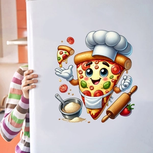 Close-up of a cartoon pizza chef wall sticker applied to a white refrigerator door