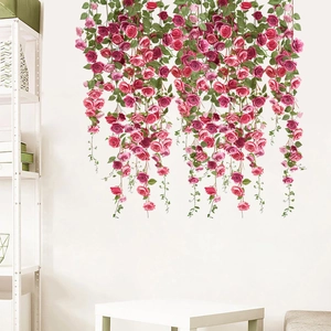 Waterproof PVC Rose Flower Vine Wall Stickers Pink Floral Self Adhesive Wall Decals For Living Room Bedroom Home Decor