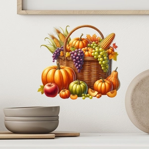 Detail of harvest fruit basket wall sticker with pumpkins and grapes on white wall