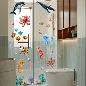 Ocean world static window clings with whale turtle and sea creatures on glass