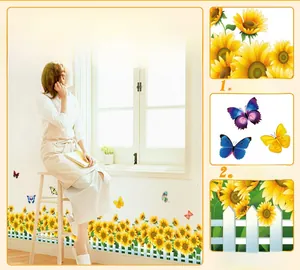 Détail de stickers muraux tournesol avec papillons réalistes et clôtures blanches