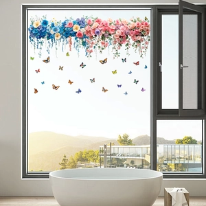 Static cling rose flower window stickers and colorful butterfly decals for home glass decor
