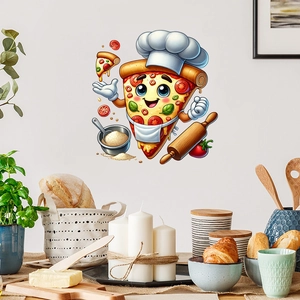 Self-adhesive cartoon pizza chef wall sticker decorating a modern kitchen backdrop