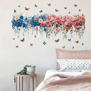 Adesivo murale autoadesivo con rose rosa, ortensie blu e farfalle colorate