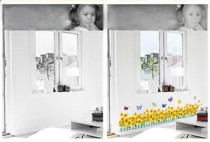 Détail de stickers muraux tournesols montrant l'effet avant et après sur les plinthes