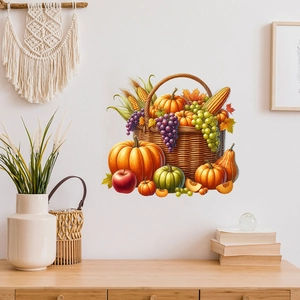 Detailed wall decal of an autumn harvest fruit basket on a clean white living room wall