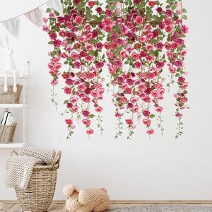 Pink rose floral wall stickers with green leaves for home living room decoration