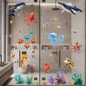 3D sea world static stickers with blue whale and sea turtle for glass door decoration