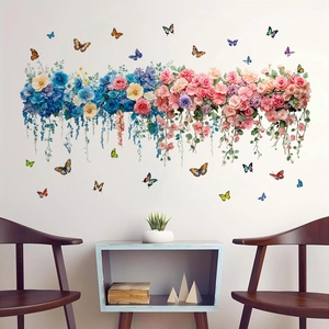 Adesivi murali autoadesivi con fiori di ortensie, rose e farfalle colorate decorative