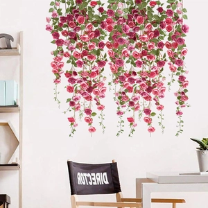 Self-adhesive rose flower vine wall decals with pink roses and green leaves for home decor