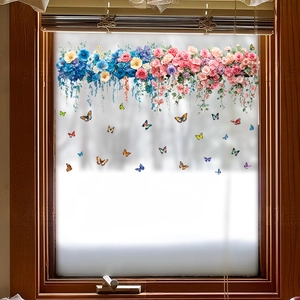 Floral window static clings featuring roses, hydrangeas and colorful butterflies