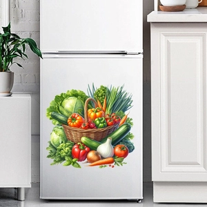 Colorful fruit and vegetable basket wall sticker on a modern white refrigerator surface