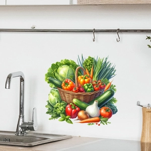 Detail of waterproof self-adhesive wall sticker featuring a vibrant vegetable basket
