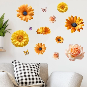 Detail view of realistic floral daisy and butterfly wall decals on a living room wall