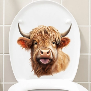 Détail d'autocollant vache Highland imperméable avec texture de fourrure sur couvercle WC