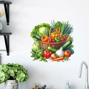 Close-up of waterproof self-adhesive wall sticker featuring a realistic vegetable basket