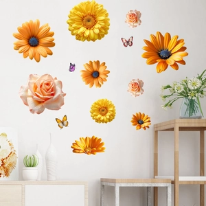 Self-adhesive floral wall stickers featuring yellow daisies and butterflies for home decor