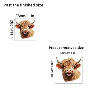 Tableau des tailles pour sticker mural Highland Cow montrant dimensions de pose et de livraison