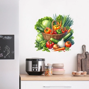 Detail of colorful fruit and vegetable basket wall sticker in a bright kitchen setting