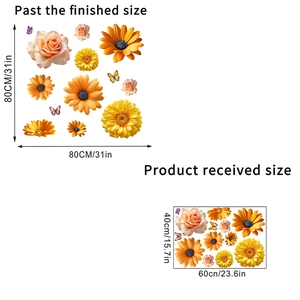 Detailed size guide for floral wall stickers showing layout and finished dimensions