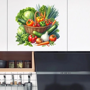 Close-up of a kitchen wall sticker featuring a realistic vegetable basket on a white cabinet