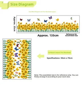 Détails du sticker mural tournesol taille de planche 50x70cm et dimensions de pose 133x35cm