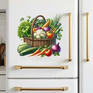Detail of self-adhesive fruit and vegetable basket wall sticker on a white refrigerator