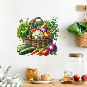 Kitchen wall sticker showing a hand-drawn basket of fresh vegetables on a white wall