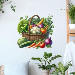 Realistic vegetable basket wall sticker showing colorful carrots and greens in a kitchen