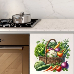 Detail view of colorful vegetable basket wall stickers on modern white kitchen cabinets