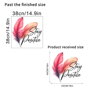 Detail showing dimensions of feather wall sticker with Stay Positive motivational quote