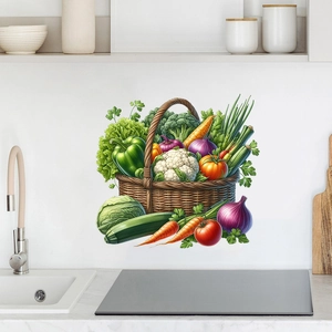 Detail of waterproof wall sticker with colorful vegetable basket in a modern kitchen