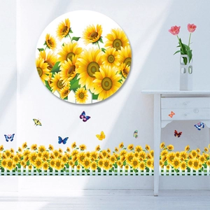 Stickers muraux tournesol romantiques avec clôture fleurie et papillons décoratifs