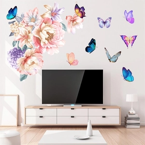 Detail of 3D pink lotus and lily wall stickers with colorful butterflies for living room