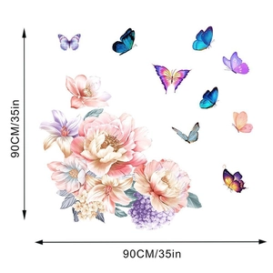 Detailed wall decal dimensions showing 3D pink floral peony and colorful butterflies