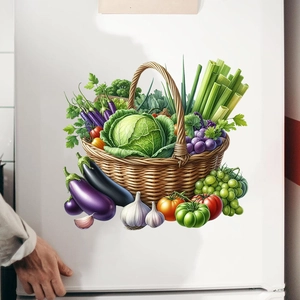 Detail of waterproof vegetable basket wall sticker applied on a white refrigerator door