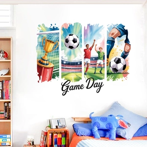 Stickers muraux football imperméables avec athlètes et trophées pour décor de maison