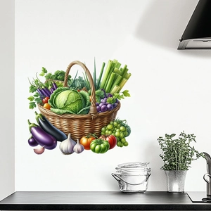 Detailed wall sticker featuring realistic vegetable basket and fruit on kitchen background
