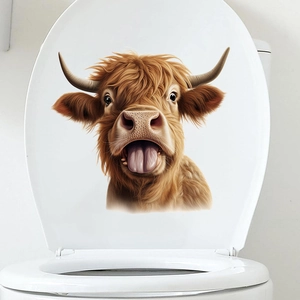 Sticker mural vache des Highlands drôle avec langue tirée sur abattant de toilettes