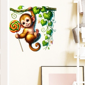 Cartoon monkey wall sticker on green vine with lollipop for bedroom decor