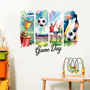 Vue détaillée du sticker mural football avec trophée et lettrage Game Day dans une pièce