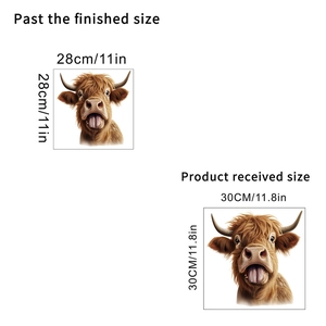 Détail du sticker mural vache d'Écosse montrant les dimensions reçues et finales du décor